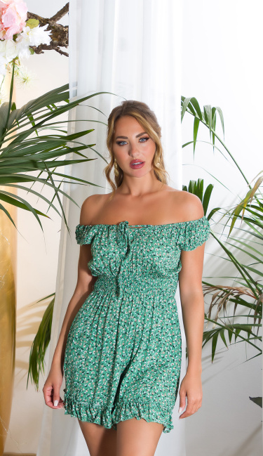 short off-shoulder Overall with flowers Green